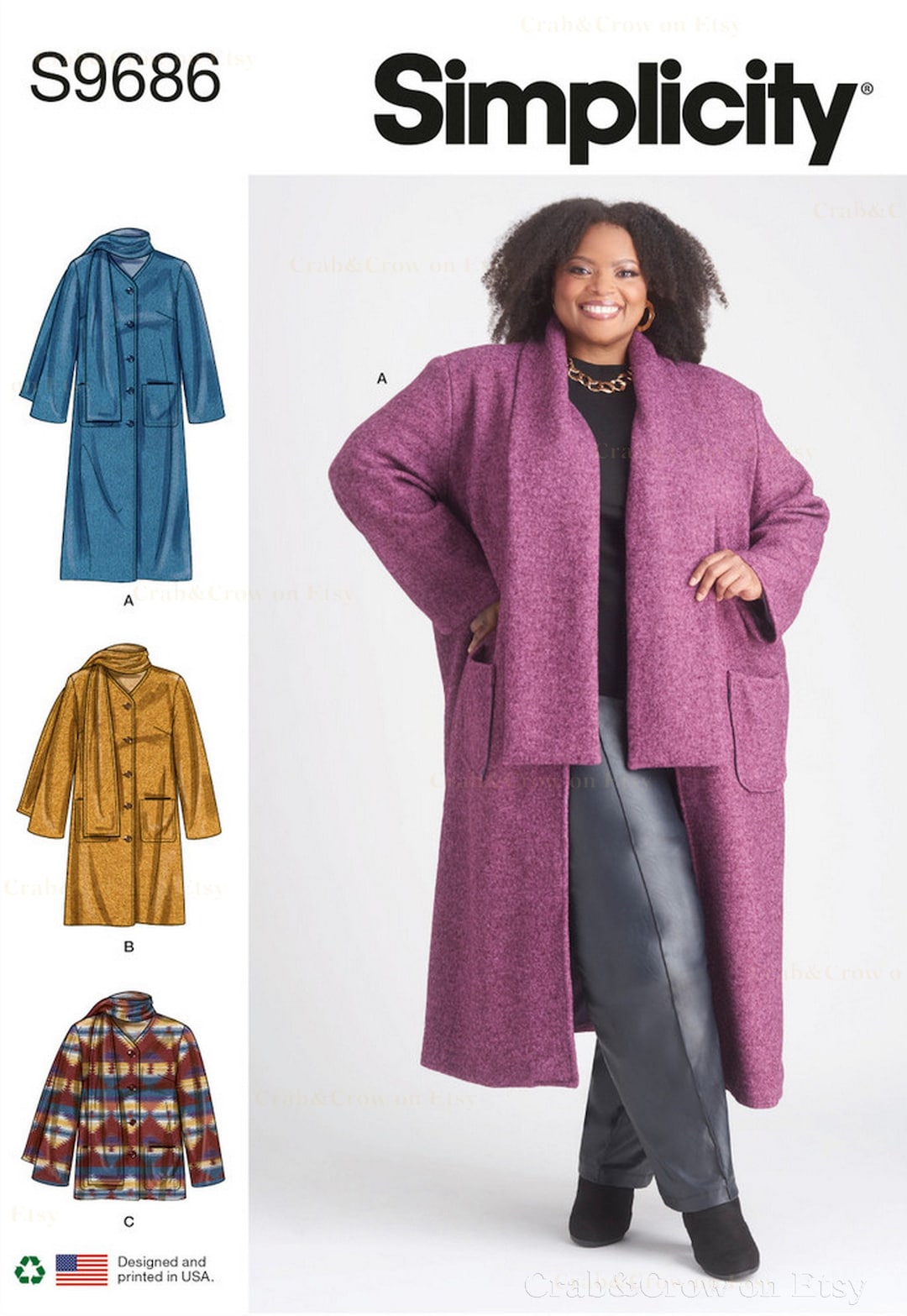 Simplicity S9686 Sewing Pattern Womens Plus Size Button Front Coat and ...