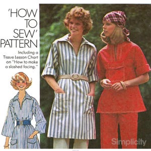 May include: Vintage sewing pattern featuring two women modeling outfits. One wears a striped tunic with a belt, the other a red ensemble. The pattern includes a tissue lesson chart on how to make a slashed facing. The Simplicity logo is visible.