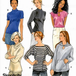 May include: A Simplicity sewing pattern illustration featuring six different top designs: a blue mock neck, a black long-sleeve top, a pink keyhole top, a beige cowl neck, a black and white striped boat neck, and a gray hooded sweatshirt with a keyhole.