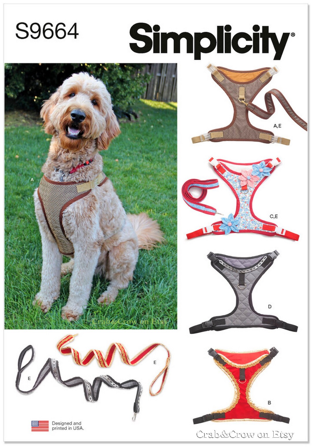 Simplicity S9664 Sewing Pattern for Dog Harness and Leash With Trim