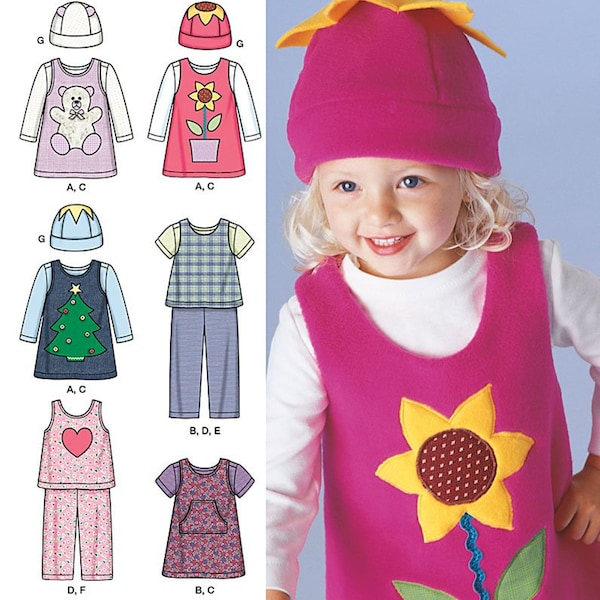 Simplicity 1567 Sewing Pattern for Toddlers Jumper or Top Pants in Two Lengths Knit Top and Hat Fleece Appliques sz 1/2-4 Uncut