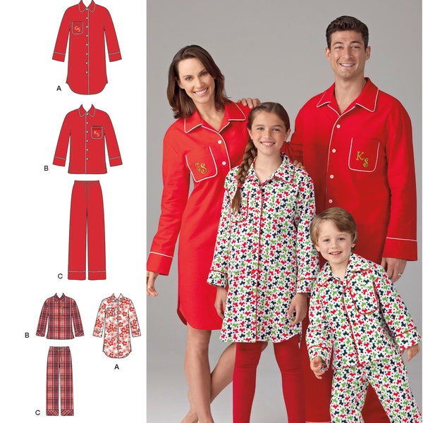 Simplicity 1504 Sewing Pattern Unisex Easy to Sew Sleepwear Children and Adult Shirt in Two Lengths and Pants All Sizes Uncut
