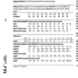 May include: A sewing pattern for a knit bodysuit and top. The pattern includes sizes 8 to 26, with corresponding European sizes 34 to 52. The pattern includes instructions for both the bodysuit and the top, with measurements for each garment.