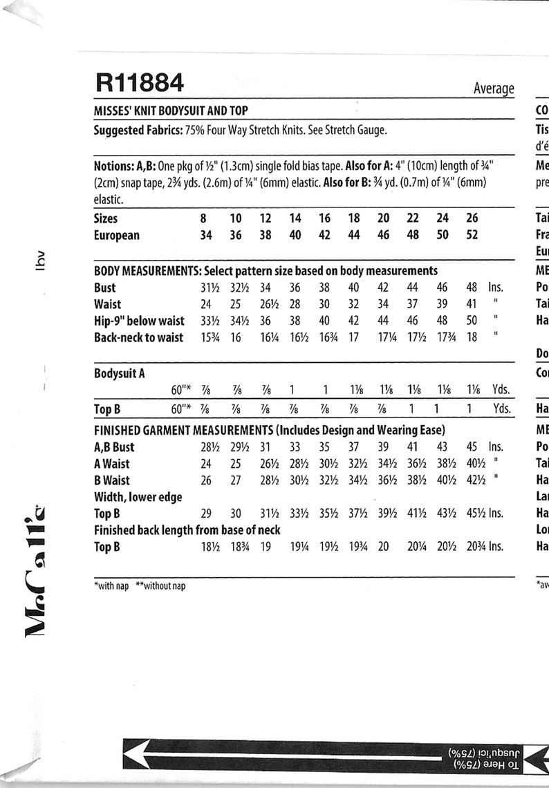 May include: A sewing pattern for a knit bodysuit and top. The pattern includes sizes 8 to 26, with corresponding European sizes 34 to 52. The pattern includes instructions for both the bodysuit and the top, with measurements for each garment.
