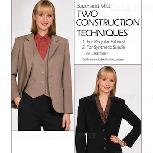 May include: Vogue Patterns 7759 sewing pattern envelope featuring a blazer and vest. The text reads: Blazer and Vest, TWO CONSTRUCTION TECHNIQUES, 1. For Regular Fabrics!, 2. For Synthetic Suede or Leather!, Both are included in this pattern.