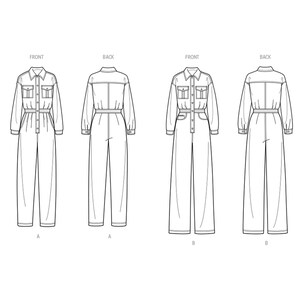 Peut inclure: Dessin au trait d'une combinaison &agrave; manches longues et &agrave; fermeture boutonn&eacute;e sur le devant. La combinaison a une ceinture et deux poches sur le devant. Le dessin montre les vues avant et arri&egrave;re de la combinaison dans deux styles diff&eacute;rents, &eacute;tiquet&eacute;s A et B.