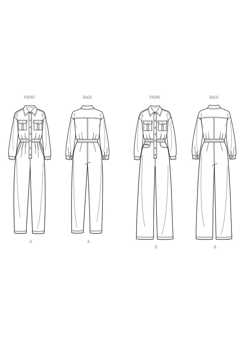Peut inclure: Dessin au trait d'une combinaison &agrave; manches longues et &agrave; fermeture boutonn&eacute;e sur le devant. La combinaison a une ceinture et deux poches sur le devant. Le dessin montre les vues avant et arri&egrave;re de la combinaison dans deux styles diff&eacute;rents, &eacute;tiquet&eacute;s A et B.