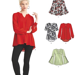 May include: A New Look sewing pattern envelope featuring a red long-sleeve blouse with a notched neckline and high-low hem. The pattern includes four variations: a floral print bell-sleeve top, a floral tunic, a solid red tunic, and a light green bell-sleeve top.