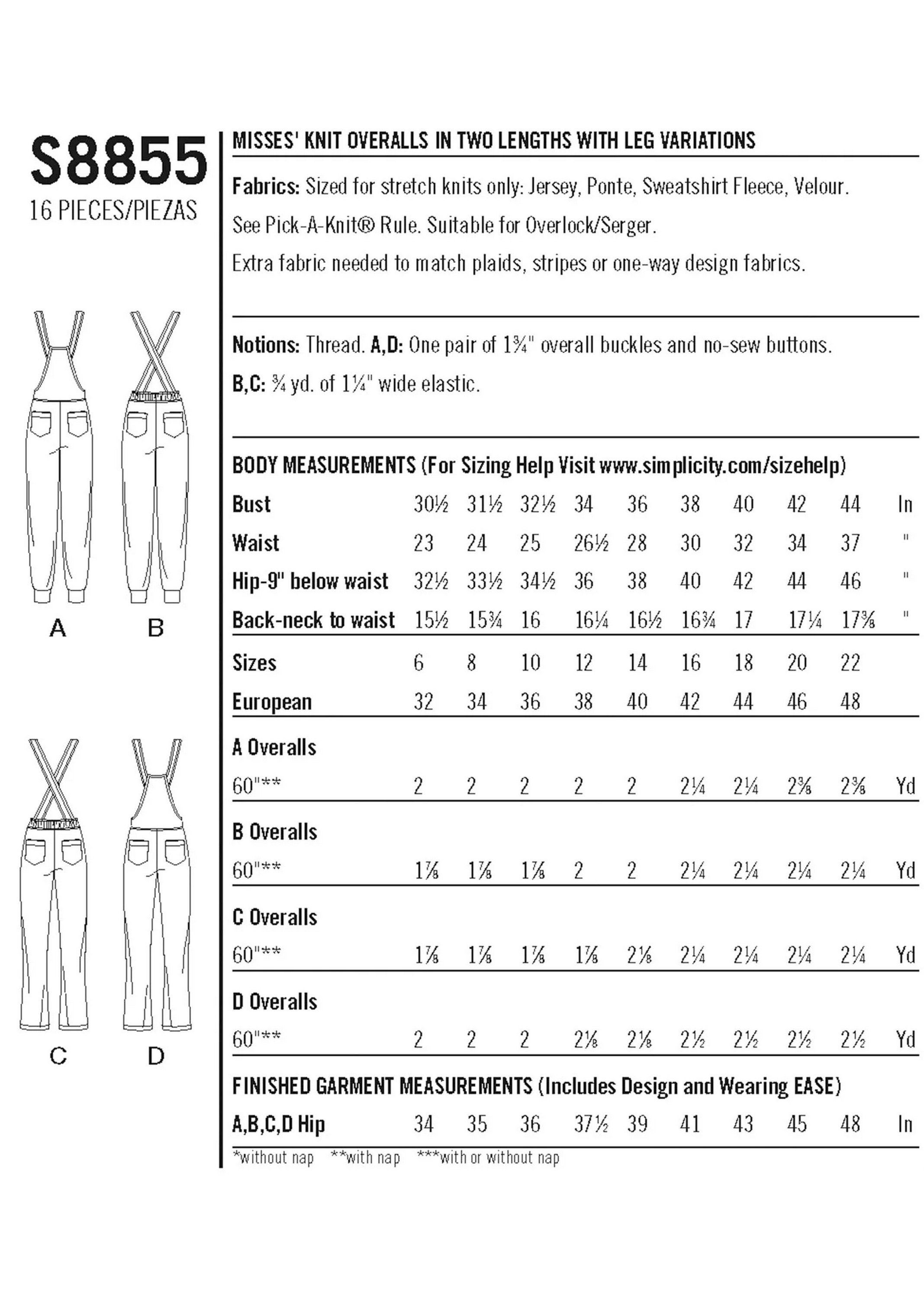Simplicity S8855 Sewing Pattern the Knit Overall Misses Knit Overalls ...