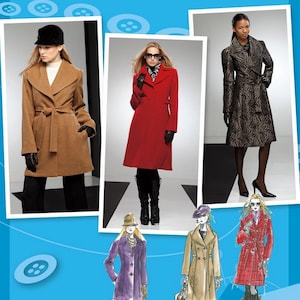 May include: A Simplicity Project Runway sewing pattern envelope featuring three photographs of coats in tan, red, and patterned black and gray, alongside three fashion illustrations of similar coat designs in purple, tan, and red on a blue background.