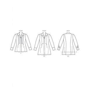 Op de afbeelding: Lijntekening van een patroon voor een overhemd met lange mouwen. De afbeelding toont de voor- en achteraanzichten van het overhemd, met labels die de voor- en achterkant aangeven. Het patroon bevat details voor de kraag, mouwen en knoop plaatsing.