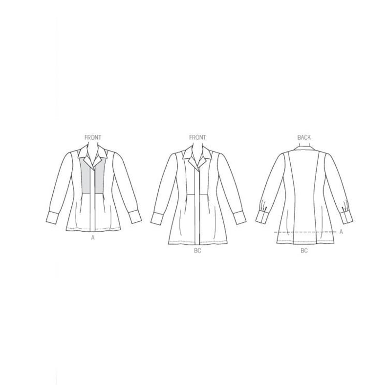 Op de afbeelding: Lijntekening van een patroon voor een overhemd met lange mouwen. De afbeelding toont de voor- en achteraanzichten van het overhemd, met labels die de voor- en achterkant aangeven. Het patroon bevat details voor de kraag, mouwen en knoop plaatsing.