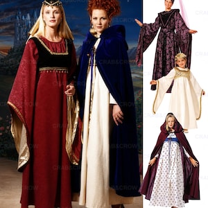 May include: A collection of sewing patterns for medieval-style costumes, featuring long dresses with wide sleeves, hooded capes, and headpieces in various colors including deep red, royal blue, white, and purple with gold trim accents.