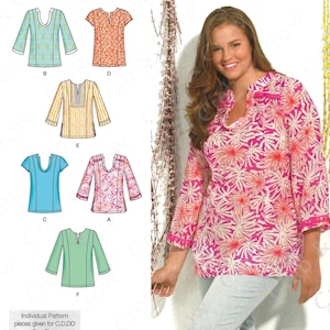 May include: Simplicity sewing pattern 1461 BB, featuring various tunic top designs. The image shows a woman wearing a pink floral tunic. The pattern includes sizes U.S. 20W-28W. The Simplicity logo is visible.