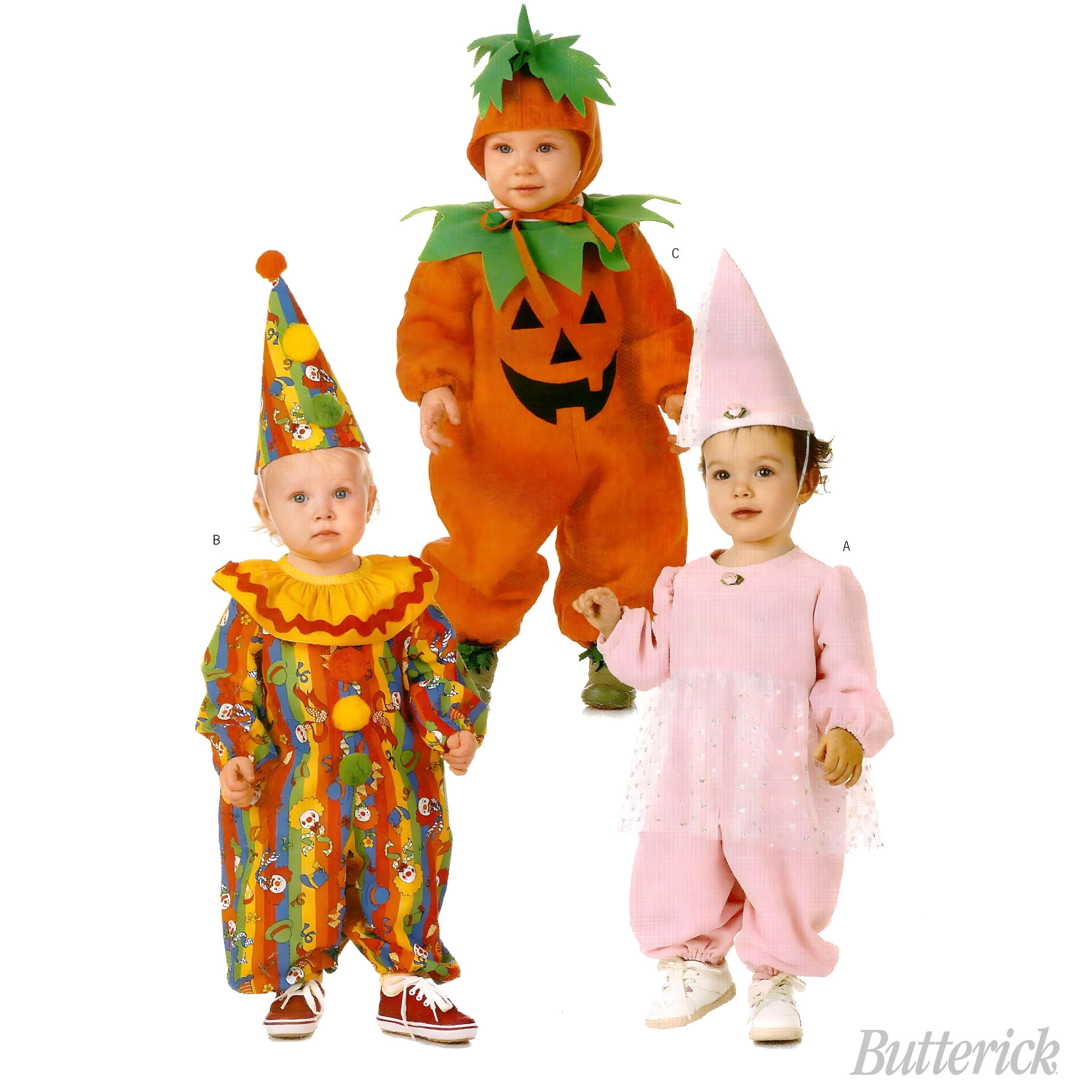 Butterick 4598 Sewing Pattern for Infants Halloween Costumes Princess Clown and Jack O' Lantern sz S-XL Uncut