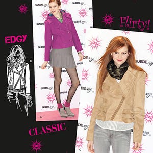 May include: A fashion advertisement featuring a woman in a purple jacket and gray skirt, and another in a tan suede jacket and jeans. The text "SUEDE says" and "Simplicity" are visible, along with the words "Edgy", "Classic", and "Flirty!"