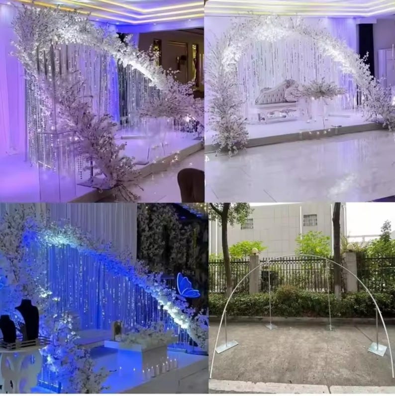 May include: A collection of images showcasing wedding and event decorations. The decorations include white floral arrangements, shimmering curtains, and a metal arch. The scenes are set indoors and outdoors, with a focus on elegant and festive designs.