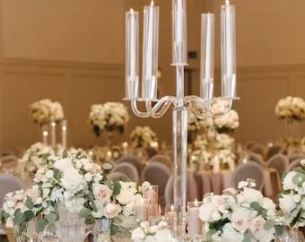 Tall Clear Acrylic Candelabra: Wedding Table Centerpiece, LED Candle Holder