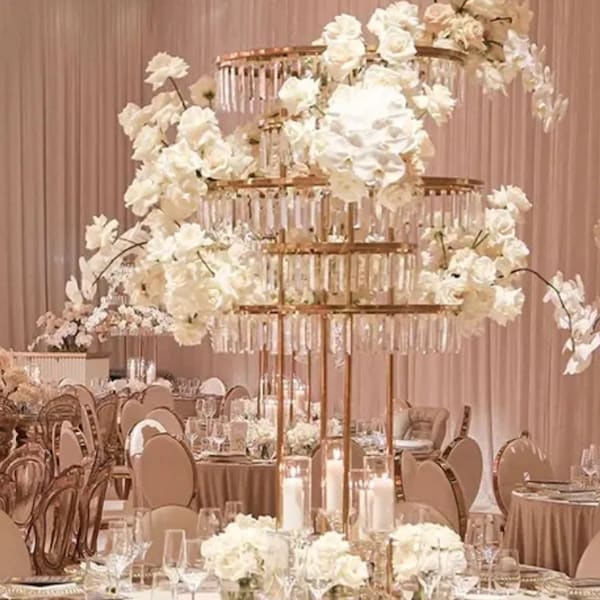 5 Tier Gold metal round chandelier crystal acrylic Wedding table centerpiece tall event party decoration