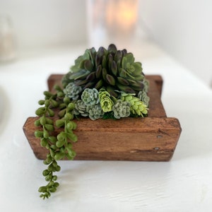 Faux Succulent Arrangement: Small Wood Planter Table Decor