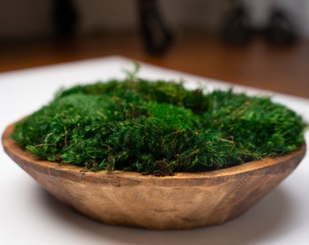 Round Moss Dough Bowl - Centerpiece Table Decor |  Preserved Moss Home Decor | Brown Wood Bowl With Moss For Office Decor