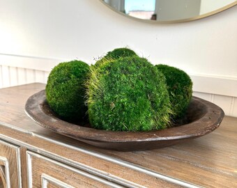 Moss Bowl Centerpiece | Hand Carved Wood Dough Bowl, Farmhouse Table Decor