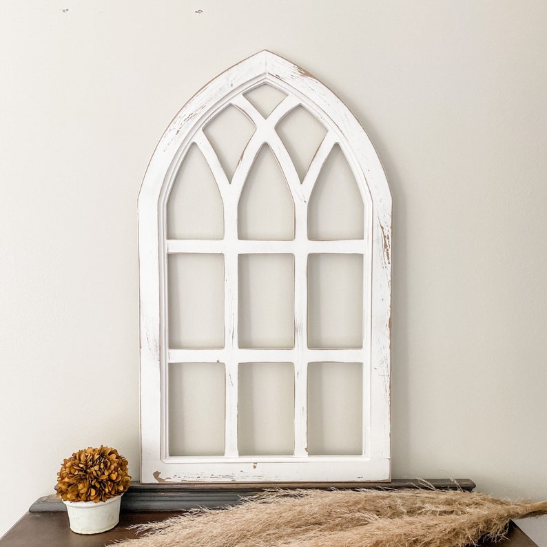 Arch Window Panel Farmhouse Decor Distressed White Cathedral Etsy
