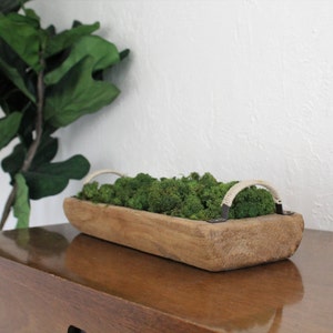 May include: A wooden trough planter with rope handles filled with green moss. The planter is sitting on a wooden surface.