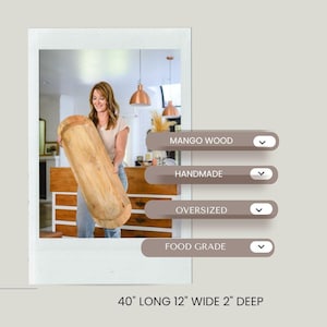May include: A large, handmade mango wood bowl, 40 inches long, 12 inches wide, and 2 inches deep. The oversized, food-grade bowl has a natural wood finish. The image also includes the text "MANGO WOOD", "HANDMADE", "OVERSIZED", and "FOOD GRADE".