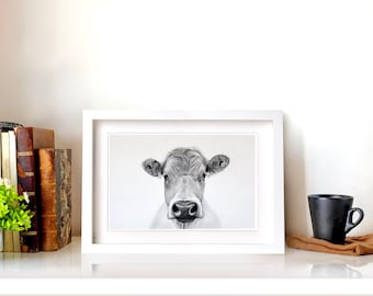 Cow Wall Art Print, Cow Decor, Black & White Print, Pencil Drawing, Farm Animal, ,Bovine Art