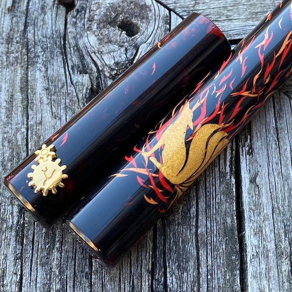 Gold Fox Spirit And Deuce Of Gears, Nine-Tailed Fox and Gears Roll-Stop, Uniquely Handcrafted Fountain Pen