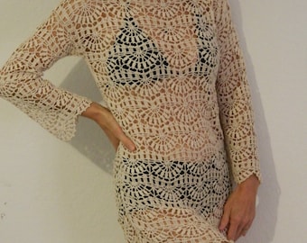 Mini robe d'été en dentelle tunique d'été faite main au crochet de couleur beige envers 100 % coton mercerisé