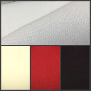 May include: Image of fabric samples. The top section shows a close-up of white fabric with a textured weave. Below, three solid colour swatches are presented: cream, red, and black. The fabrics appear to be of a medium weight.