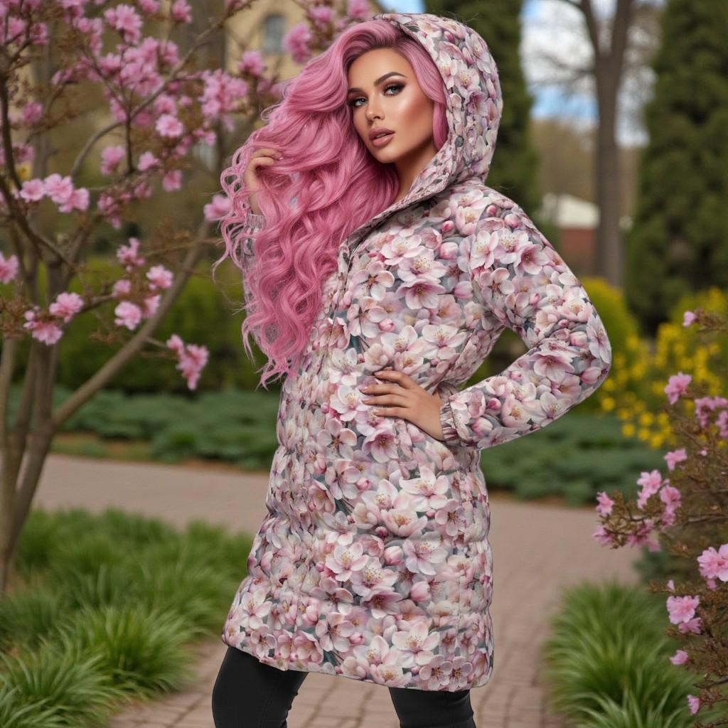 Women's Long Floral Puffer Coat | Hooded Pink Cherry Blossom Print