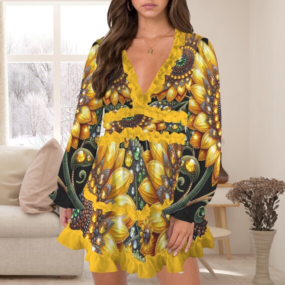 Jeweled Sunflower Black Yellow Dress Long Sleeve Deep V neck Ruffled Casual Dress Yellow Floral Party Dress Eye Catching Dress Black Dress Etsy UK