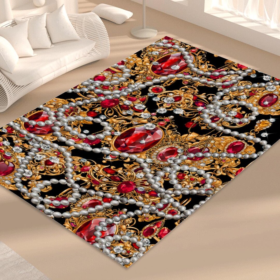 Ruby Red Pearl Chains Gold Crown Jewels Foldable Rectangular Floor Mat ...
