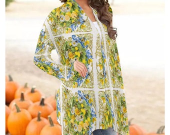 Women fashion high quality shawl collar cardigan w/lemon,dandelion,baroque design by CJF Designs