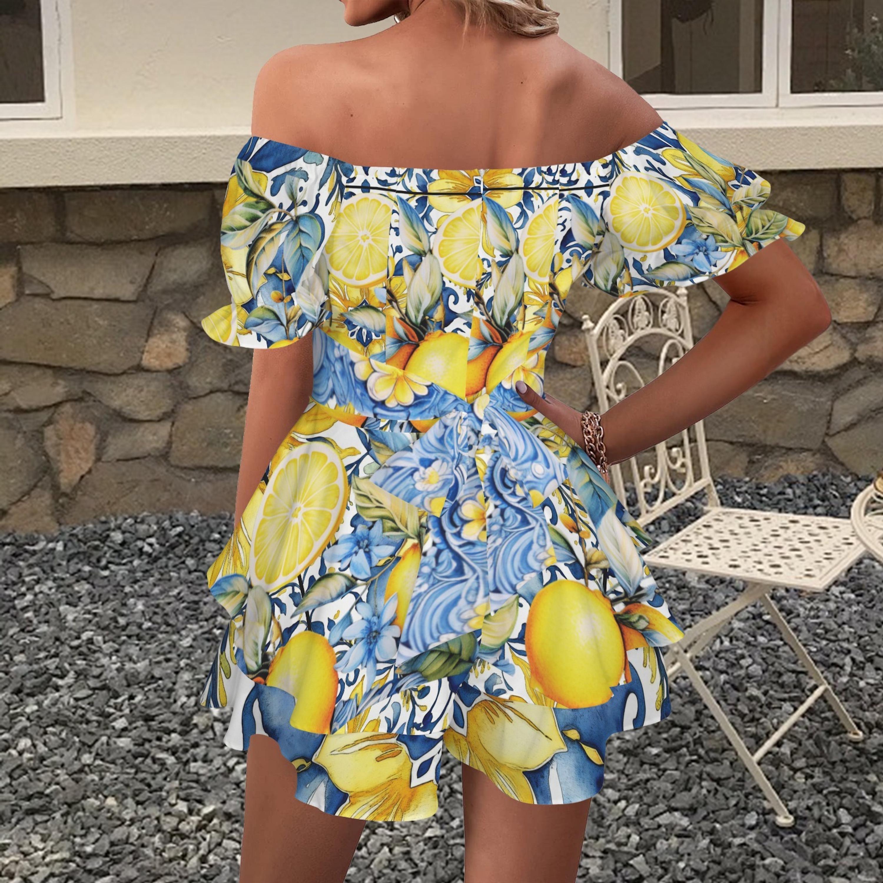 One Shoulder Ruffle Slit Dress With Floral Waist Lemon main image 1