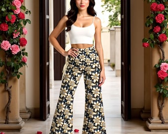Floral Gems Print Wide Leg Pants - High Waist Women's Trousers