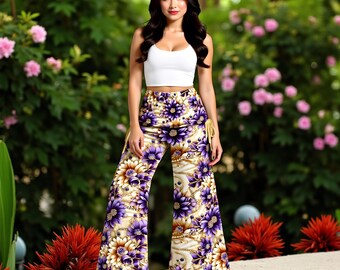 Lavender Floral Wide Leg Pants - High Waist Women's Trousers