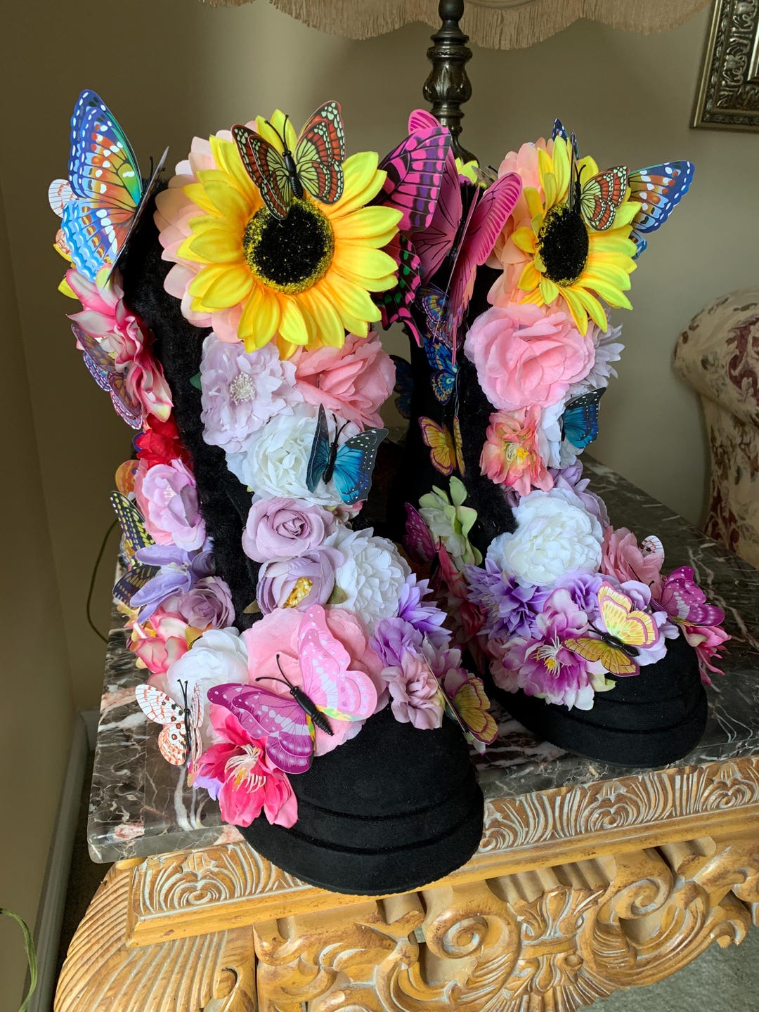 Butterfly Sunflower Multicolor Floral Black Flannel Zip-up Thermal ...