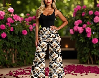 Women's Floral Print High Waist Wide Leg Pants with Adjustable Pleats