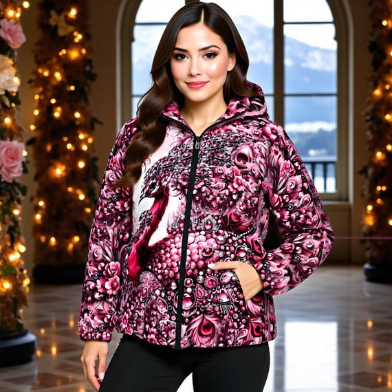 Women's Duck Down Jacket: Fuchsia Empress Peacock Design
