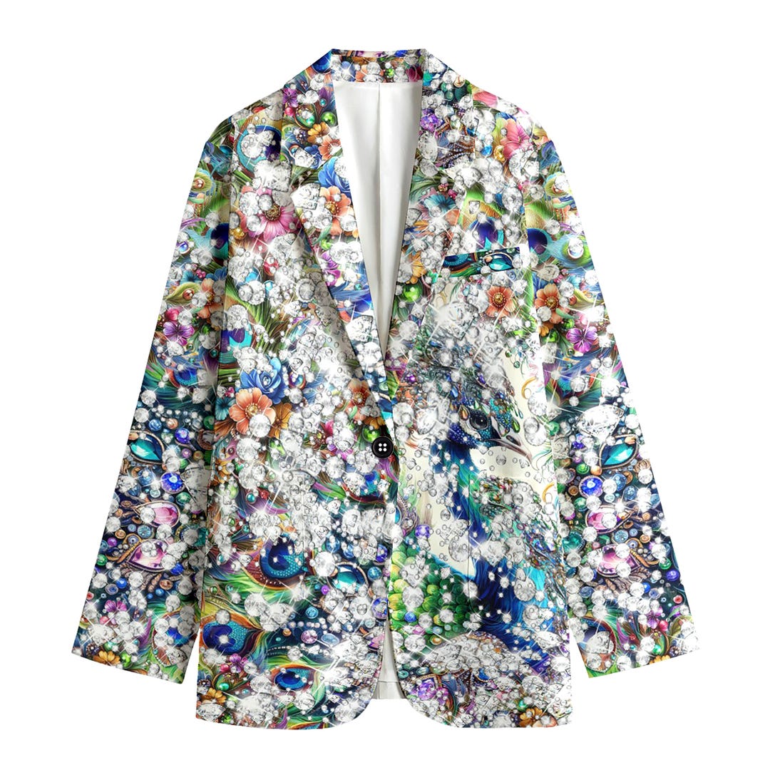 Women Jeweled Blazer Crystal Queen Peacock Print Blazer Fashion