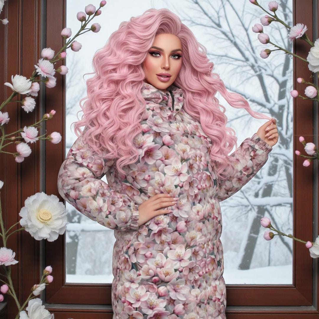 Women's Long Floral Puffer Coat | Hooded Pink Cherry Blossom Print