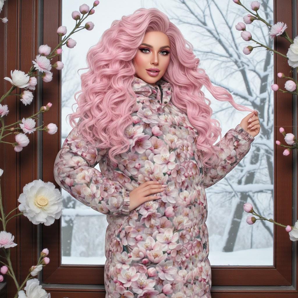 Women's Long Floral Puffer Coat | Hooded Pink Cherry Blossom Print Women's Long Floral Puffer Coat | Hooded Pink Cherry Blossom Print