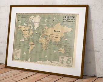 Vintage map of France, map of regions, old school map, old school poster