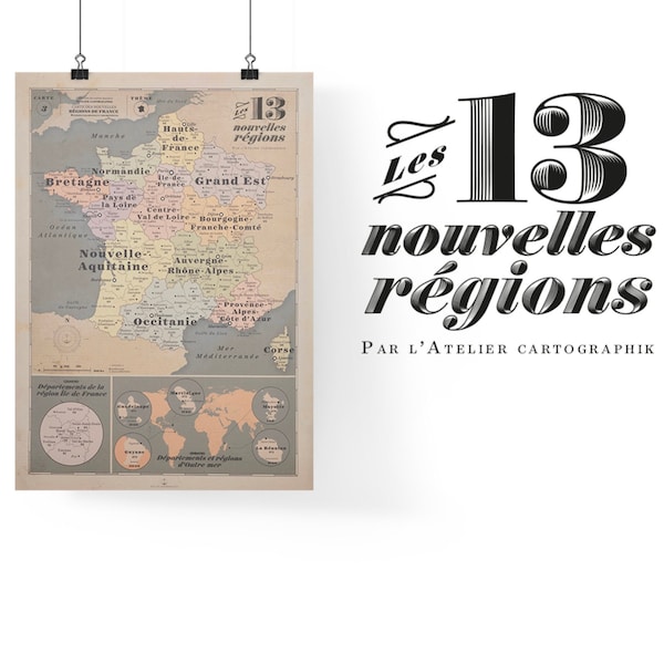 Vintage map of France, map of regions, old school map, old school poster