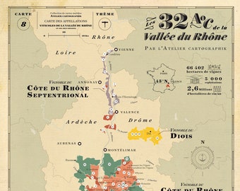 Carte des Vins du Rhône, carte de la vallée du Rhône, carte des 32 AOC de la vallée du Rhône, Vignobles Rhodanien