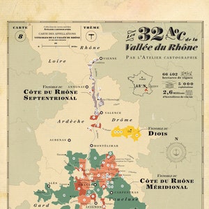 Carte des Vins du Rhône, carte de la vallée du Rhône, carte des 32 AOC de la vallée du Rhône, Vignobles Rhodanien